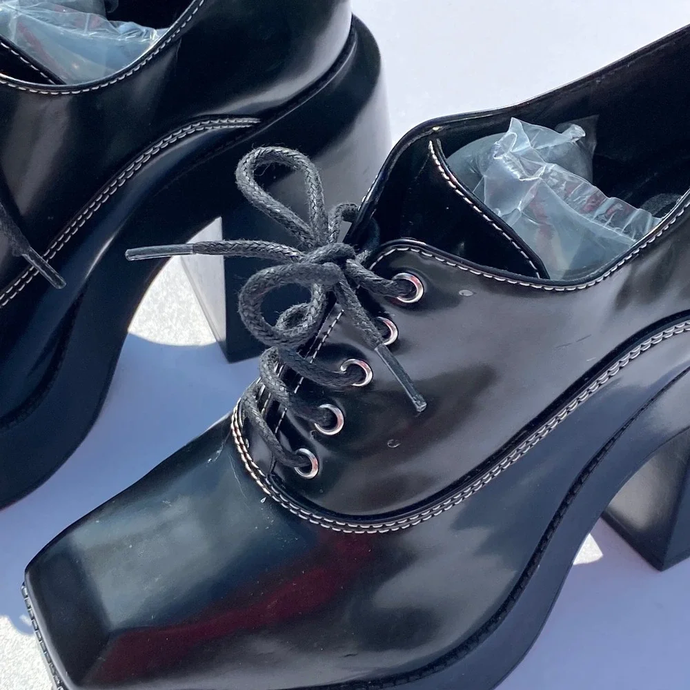 GB Grunge Black Platform Oxford Loafers Goth Bratz Contrast Stitching Edgy - 7M